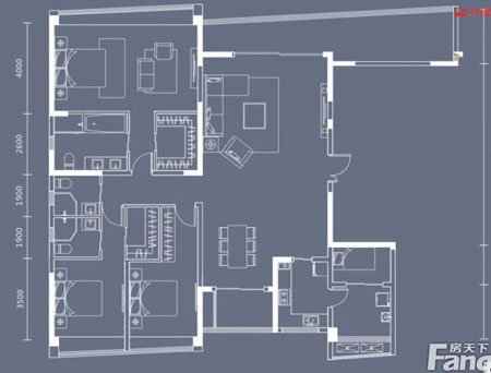 本單元的設計關鍵詞：凈、雅、簡、時尚。客廳是主人品位的象征，本客廳的墻面沒有過多的裝飾，客餐廳的酒柜設計更是凸顯了主人的品味格調，而本設計客廳沒有主燈，讓人感覺視野比較開闊。